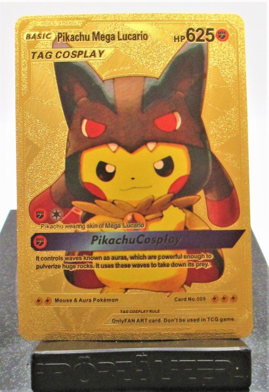 Pokemon Pikachu Mega Lucario Cosplay 625HP Gold Foil Fan Art Card #009