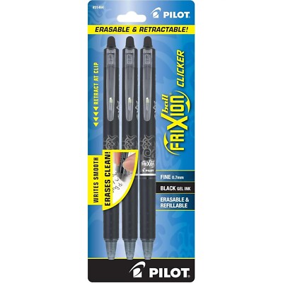 PILOT FriXion Clicker Gel Pens, Fine Point, Black Ink, 3-Pack