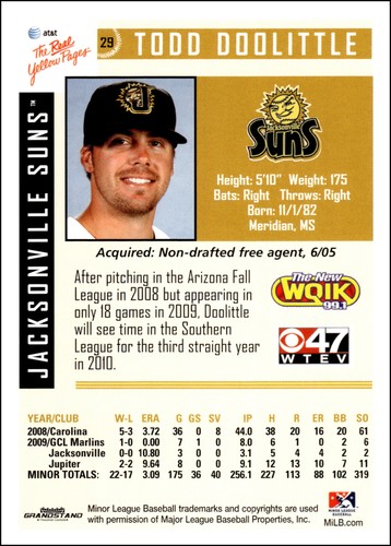 2010 Grandstand #NNO Todd Doolittle Jacksonville Suns - Picture 2 of 2