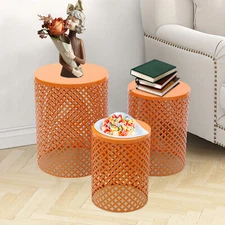 3Pc Metal Frame Accent End Tables, Cylindrical Iron Frame Side Tables Set Orange
