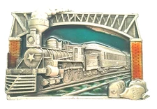 Vintage 1983 Belt Buckle Bergamot Brass Works U.S. Mail Railroad Bridge Scene