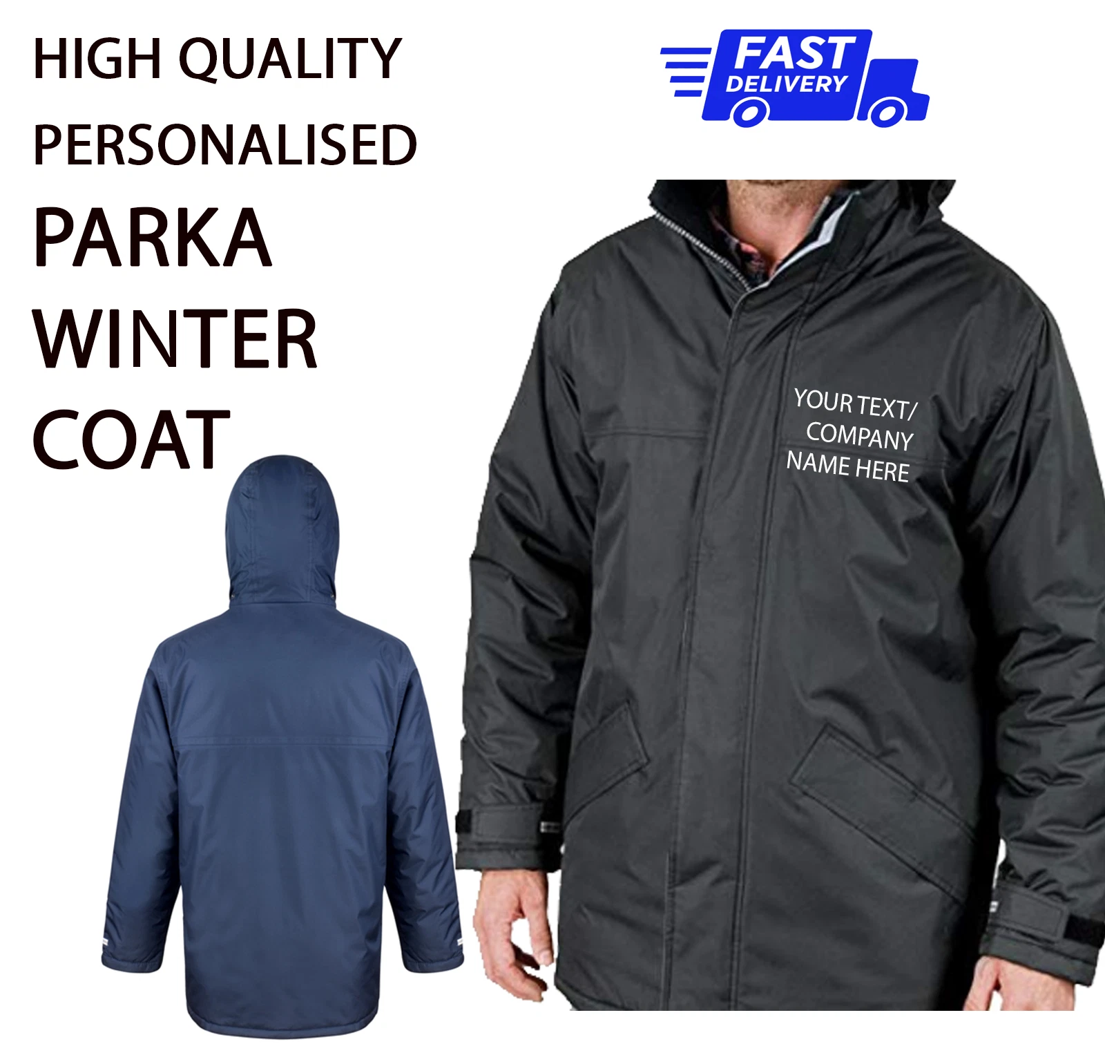 Personalised Winter PARKA Coat Jacket TEXT Only Print Work Wear Waterproof R207X