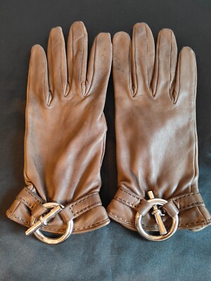 Hermes Women Gloves Chaine d'Ancre Brown Leather Size 7.5 Total Length 22.5cm