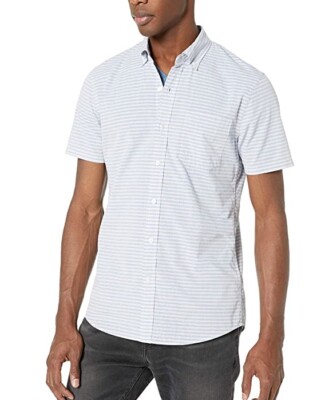 Goodthreads Men's Slim-Fit Short-Sleeve Poplin Shirt  Light Blue Lines Size XLT
