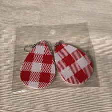 New Faux Leather Teardrop Shaped Dangle Earrings Red And White Plaid