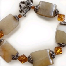 Vtg Amber & Stone Beaded Silver Accents 6.5 Inch Bracelet w/Heart Clasp 24.3 Gr