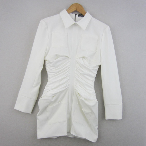 Lioness Dress Womens Small White Long Sleeve Ruched Mini Shirt Collar Event