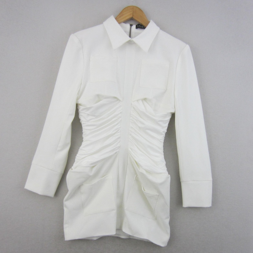 Lioness Dress Womens Small White Long Sleeve Ruched Mini Shirt Collar Event