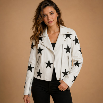 Women's White Moto Jacket | Black Star Pattern | Asymmetric Zip | Casual Wear