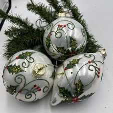 RAZ Imports Set Of 3 Christmas Ornaments Glittery Holly Leaves NEW