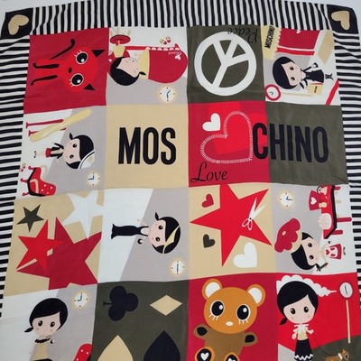 Moschino Square Silk Scarf Graphic Olive Oyl Peace Love Red Black White