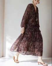 WOMAN Size S Paisley RUFFLED CHIFFON Maxi DRESS Autumn Brown MULTICOLORS Layers