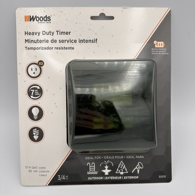 Woods 50015 Heavy Duty Outdoor Digital Timer 7 Day Programmable 3/4 HP 12'' Cord
