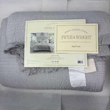 Piper & Wright KING Hadley Silver Ruffled Quilt Coverlet 