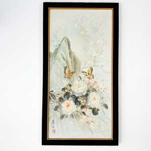 Vintage Chinese Framed Painting Floral Butterfly Velvet Art Panel Asain Signed