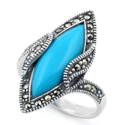 Sterling Silver Simulated Turquoise Marquise Marcasite Ring