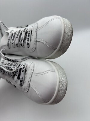 Chanel White Leather Casual Sneakers: Women's Size 36.5 Logo Laces