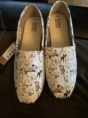TOMS Belmont Office Dogs Print Flat Shoes Slip On White Women's Size 10