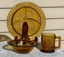 Tiara Indiana Glass Amber Child's Nursery Rhyme Plate Mug Bowl Set Mother Goose