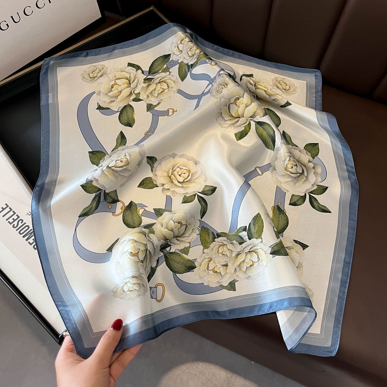 100% Mulberry Silk Vintage Scarf for Women - White & Blue Neckerchief Wrap 53x53cm