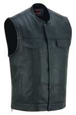 Men's Black Leather Biker Vest Single Back Panel Concealment Vest Without Collar