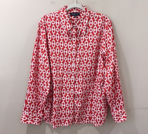 Jones New York Women's Plus 3X Button Up Shirt Red White Nautical Cruise Beach