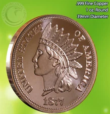"1877 Indian Head Penny" 1 oz .999 Copper Round (not a penny)
