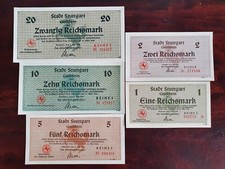 Notgeld Stuttgart 1, 2, 5, 10, 20 Reichsmark unc 1945 komplett Satz Kassenfrisch