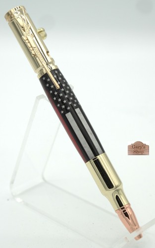 Bolt Action Patriótico Pluma Oro 24kt - Bandera de Línea Roja Delgada Envejecida - Imagen 4 de 7