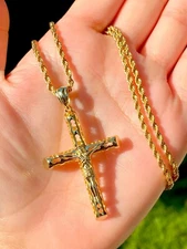 Men's Solid Gold 925 Sterling Silver Religious Cross Jesus Pendant Rope Chain