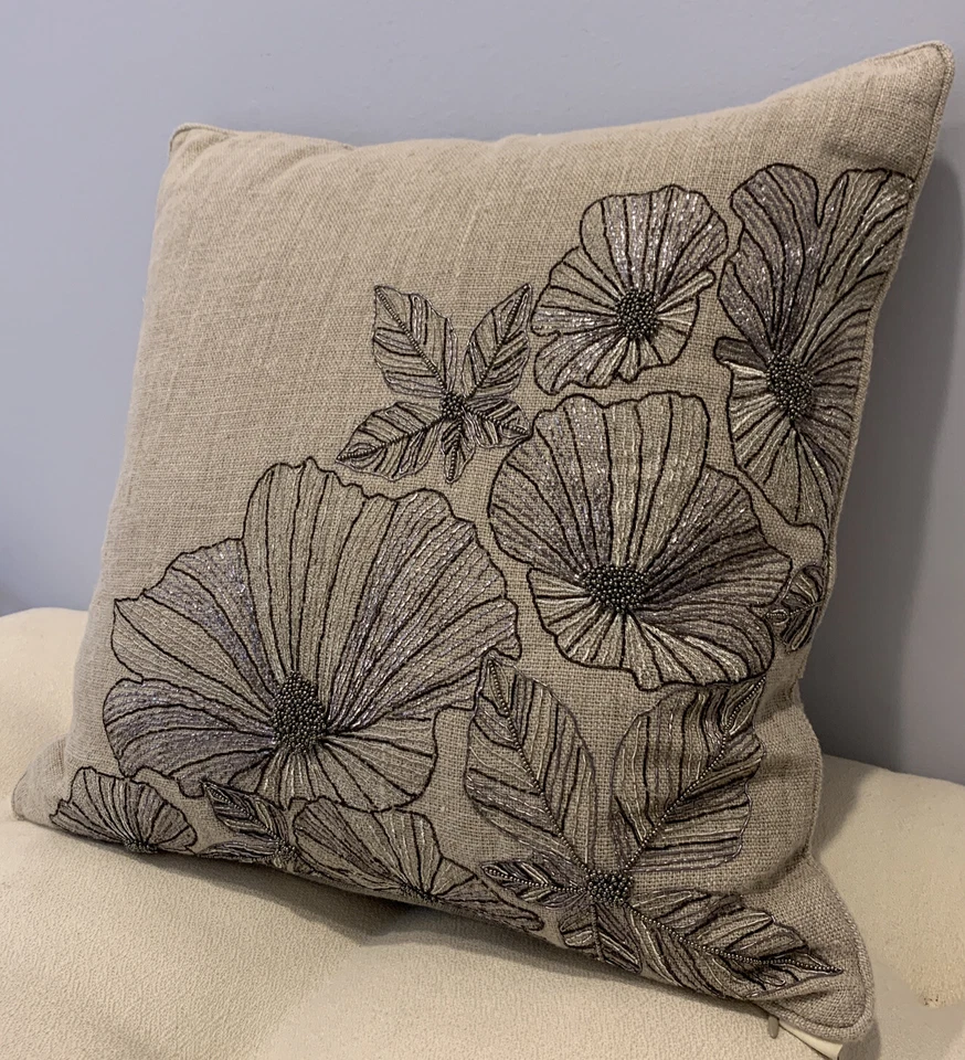 Arhaus Square 18" Pillow Cover w Insert Garden Pewter Big Flower Beaded On Linen - Image 2 of 4