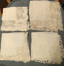 Lot of 9 VINTAGE FRENCH NEEDLE RUN LACE HANDKERCHIEFS WHITE MAROON