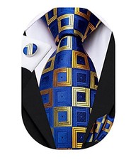 Mens Plaid Ties Classic Paisley Necktie with Handkerchief Cufflinks Blue Gold