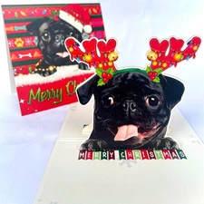 Black Pug Christmas Pop Up Card – 3D Holiday Greeting Card Featuring Pug Dog