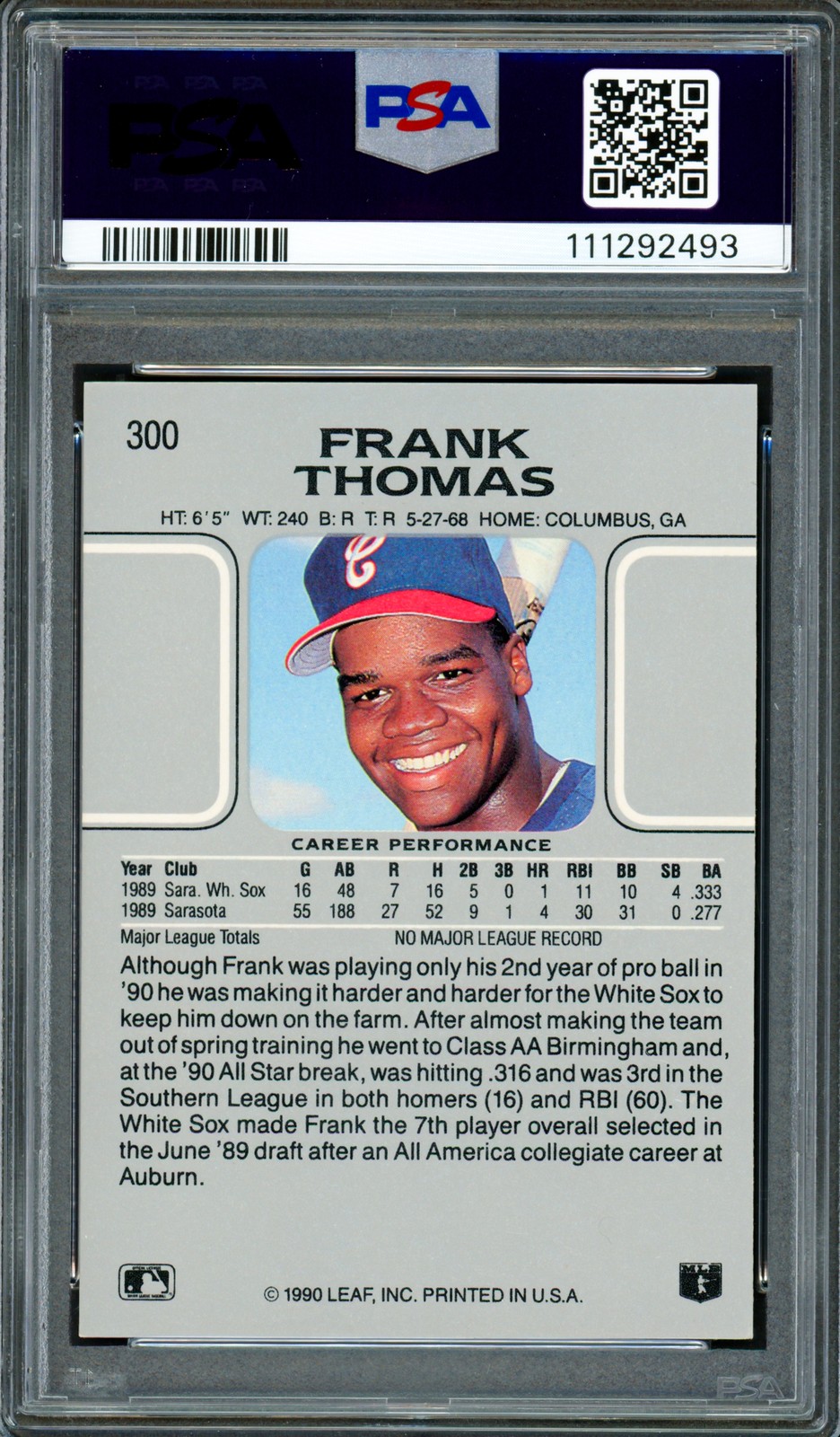 Frank Thomas Signed 1990 Leaf RC 300 Chicago White Sox PSA 6 Auto GM 10 PSA/DNA view 2
