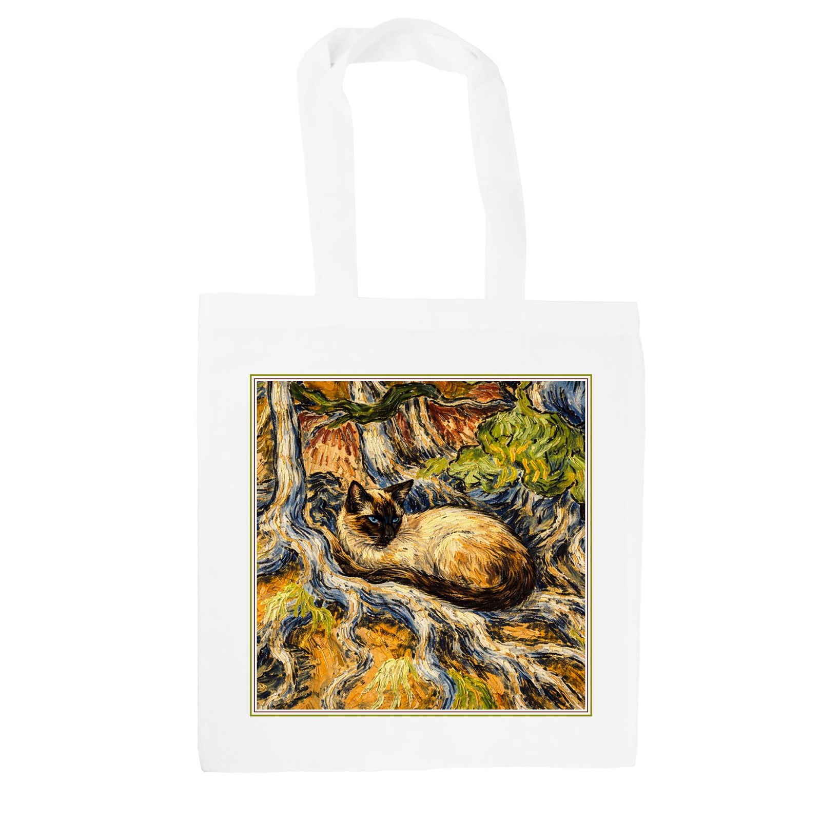 Van Gogh Siamese Cat Tote Bag - Tree Roots Shopping Bag Gifts for Cat Lovers