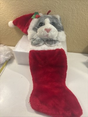 Vtg 3D Gray Cat Plush Red Christmas Stocking 21''  Bug Eyes Bow Tie (a65