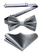 Bow Ties for Men Grey Color Pre Tied Bow Tie and Pocket Square Classic Adjust...