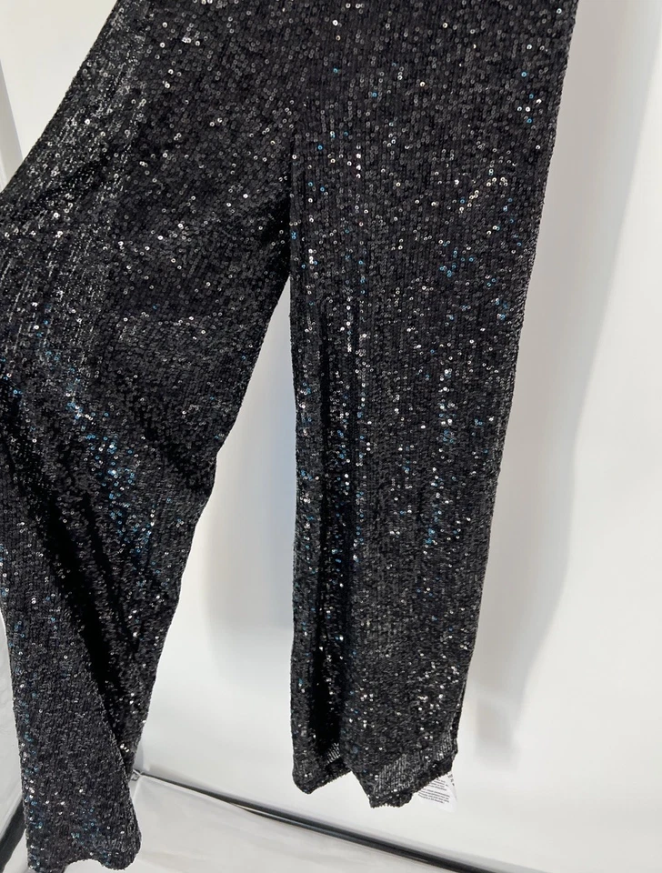 Asos Nuevo Con Etiquetas Mono Lentejuelas Mujer’s 0 Negro Pierna Ancha Sin Tirantes Foto 3 de 4