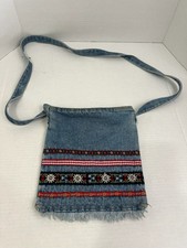 Vintage Denim Zippered Purse Crossbody Ribbon Embellished Fringed 90s Retro