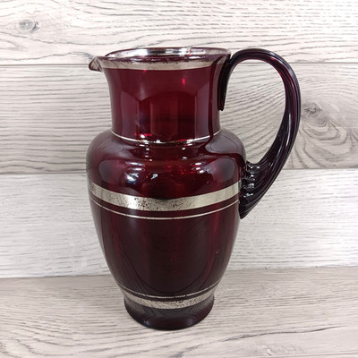 Antique Ruby Red Glass Pitcher With Gold Stripes 10''