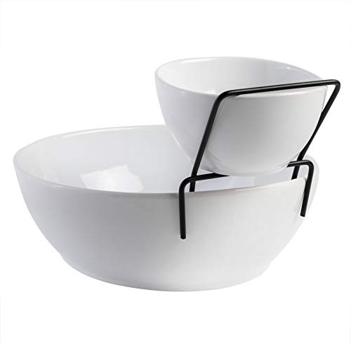 Gibson Home Gracious Dining Dinnerware, 3pc Chip & Dip Set w Metal Rack, White