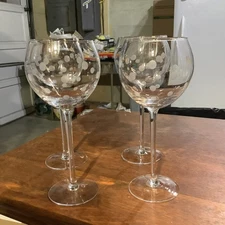 Pampered Chef Frosted Dots Balloon Wine  Set Of 4 Glass Tall Clear 9” Rare