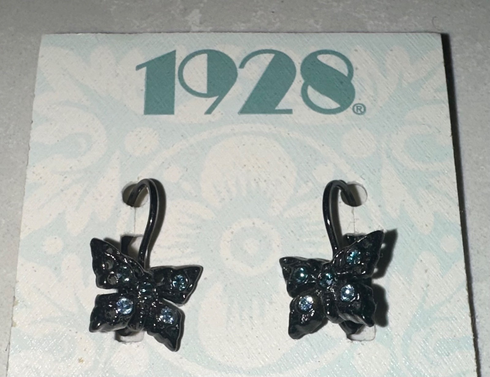 Vintage inspired Butterfly blue enamel crystal drop earrings gunmetal tone