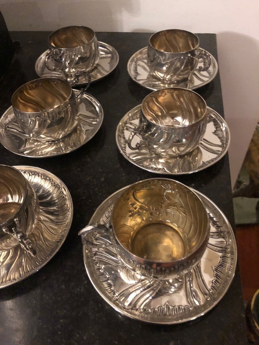 Antique French Unique Set of 6 Sterling Silver Cups and Saucers