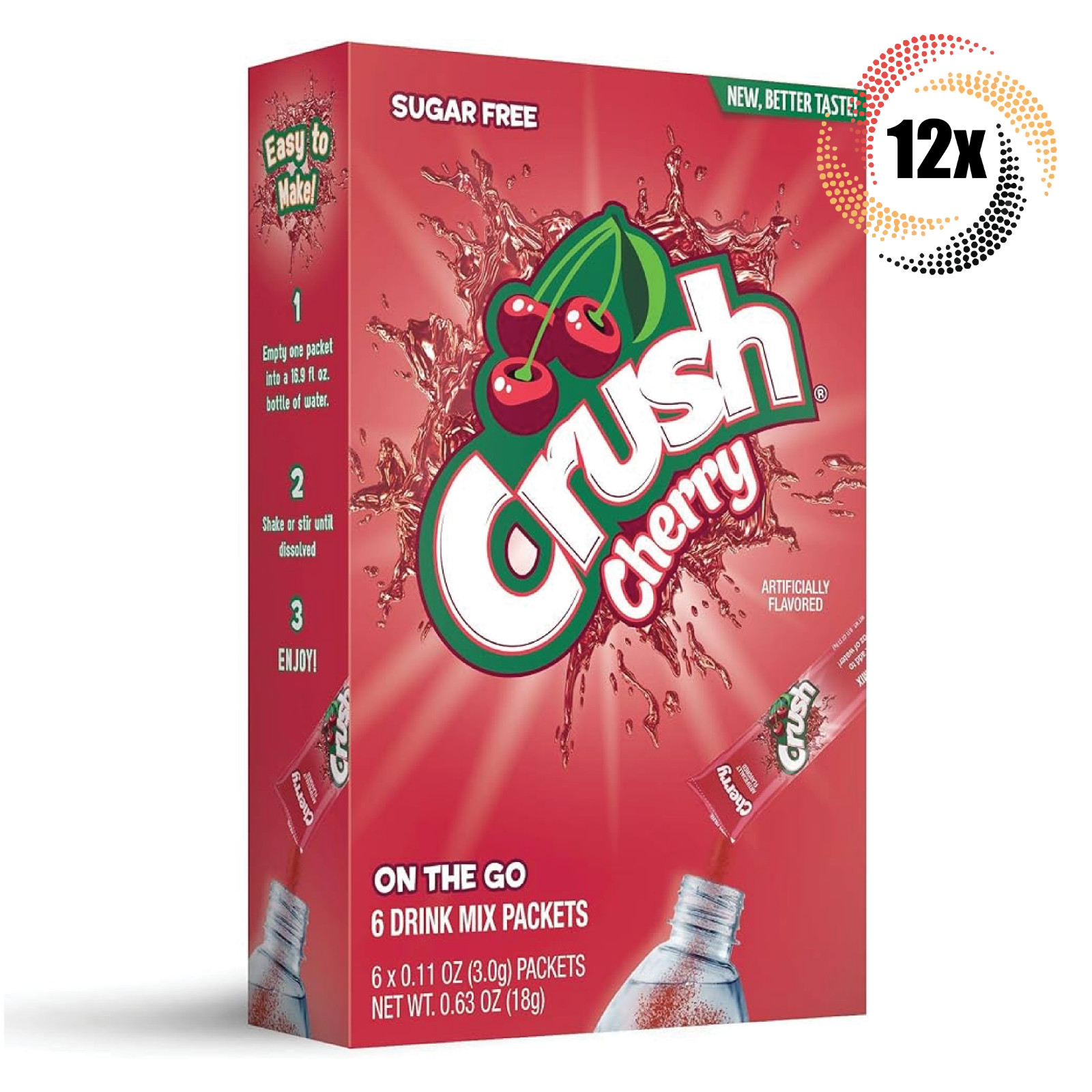 Полная коробка из 12 упаковок Crush Cherry Drink Mix Singles To Go | по 6 палочек в каждой | 63 унции