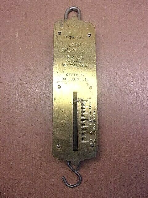Vintage John Chatillon & Sons 50 Lb Hanging Spring Scale Brass Front Farm USA