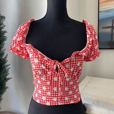 Hello Kitty Gingham Red Crop Top Picnic Retro Off the Shoulder 2020 Blouse Sz 6