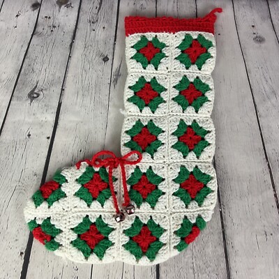 Vintage 1970s Handmade Granny Square Crochet Christmas Stocking Green Red White