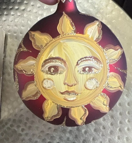 Dillard's Trimmings Glass Ball Ornament Hand Painted Italy 2010 Red Sun Face